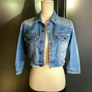 Blank NYC Medium Wash Cropped Short Sleeve ‘Shrunken’ Denim Jacket Size Small